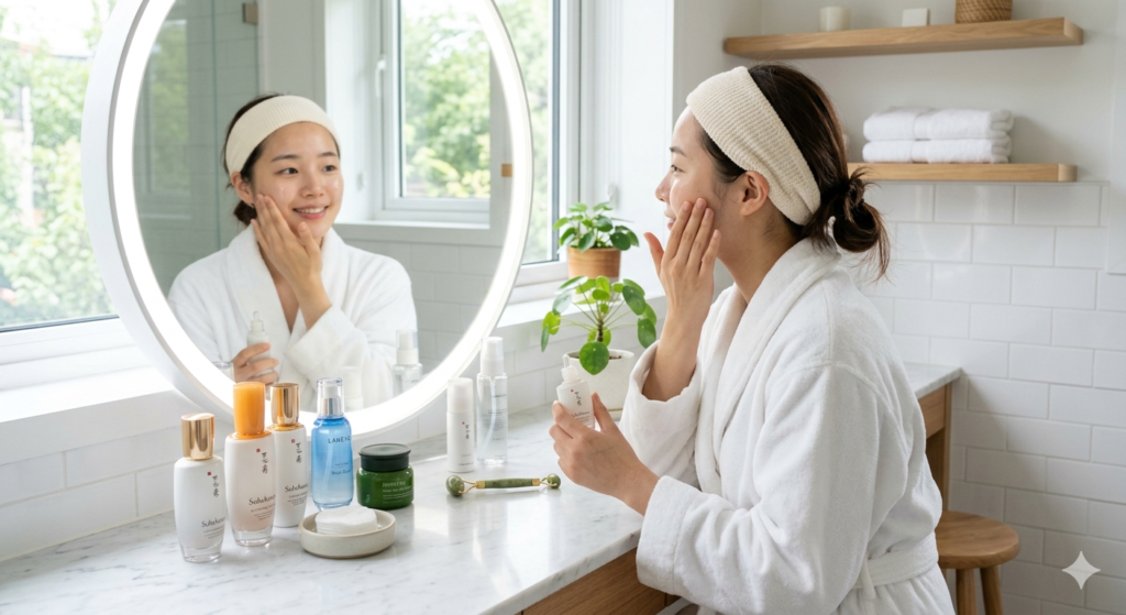 Rutina K-beauty Mujer teniendo una rutina k-beauty frente al espejo con productos de skincare coreano en el baño iluminado.