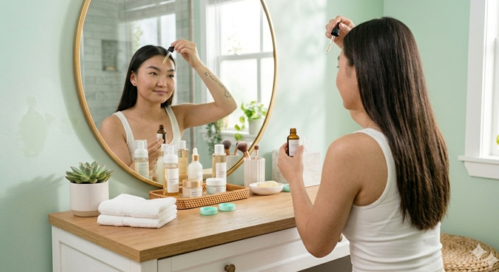 Rutina Basica Mujer aplicandose su skincare frente al espejo con varios productos en tocador.