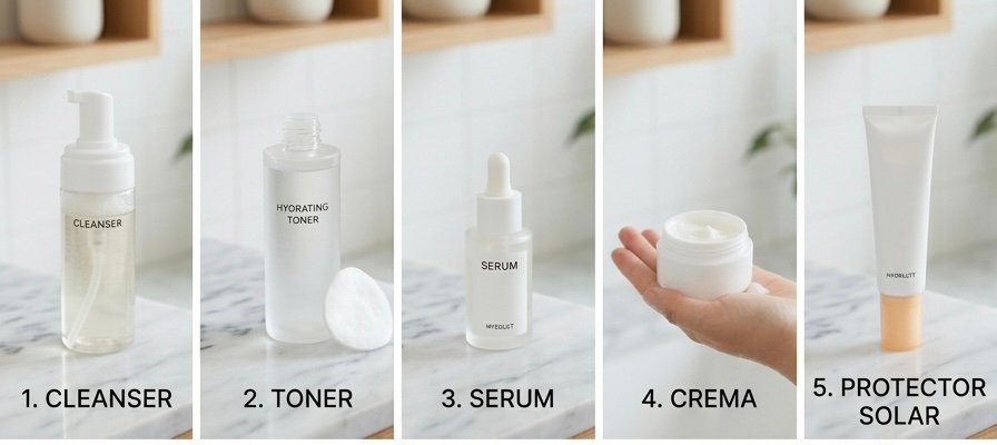 Rutina K-beauty Orden de limpieza facial coreana con productos como limpiador, tónico, suero, crema y protector solar.