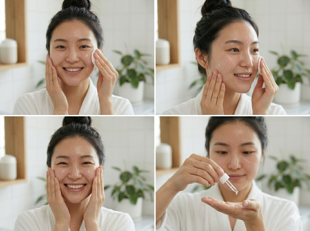 Rutina K-beauty Mujer coreana aplicando productos de skincare paso a paso en el rostro de una rutina facial coreana.