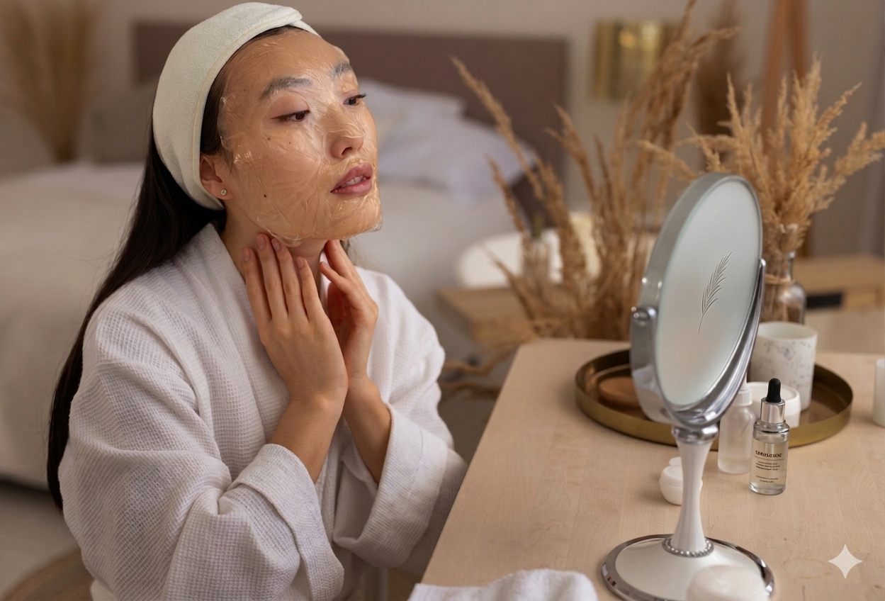 Rutina Basica Mujer aplicando mascarilla facial frente al espejo en rutina basica de skincare noche.