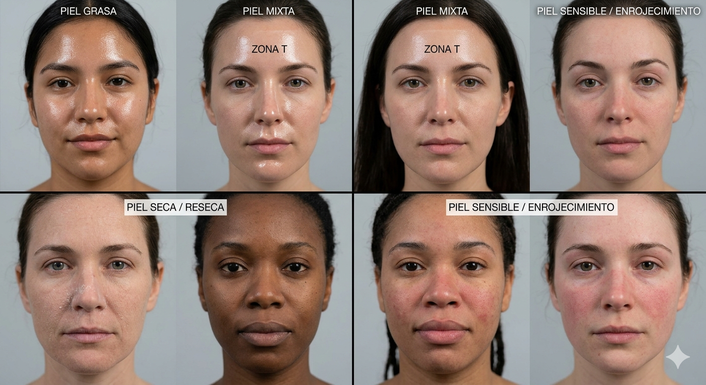 Rutina K-beauty Tipos de piel como grasa, mixta, seca y sensible con diferentes rostros.