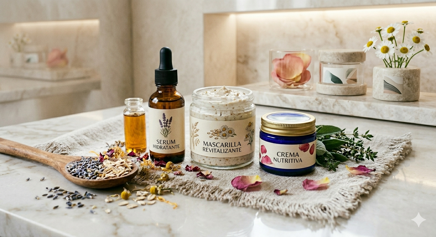 Rutina K-beauty Productos de skincare coreano casero como suero, mascarilla y crema con ingredientes naturales sobre superficie plana.