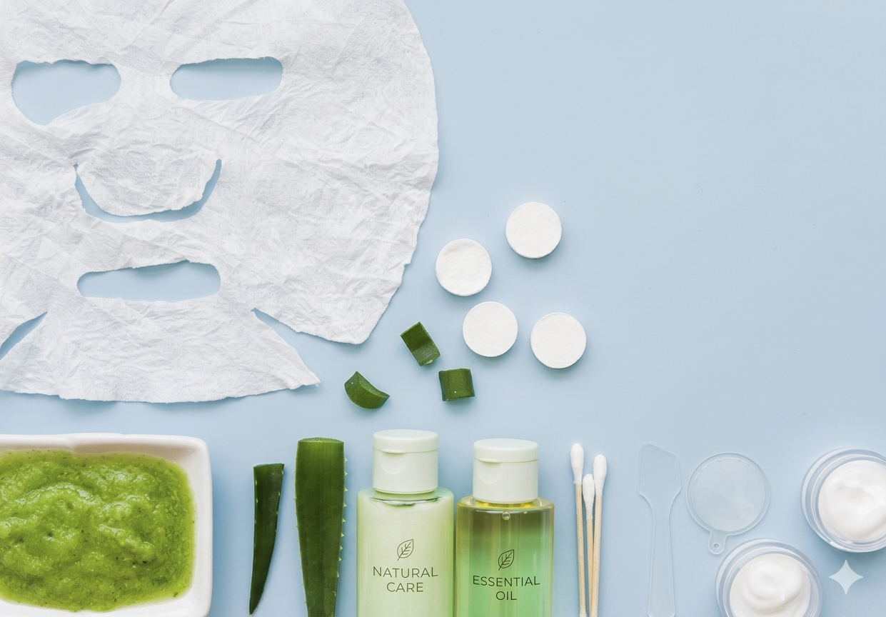 Rutina K-beauty Productos de skincare natural con mascarilla facial, aloe vera y envases sobre fondo claro.