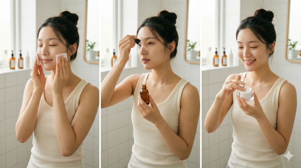 Rutina K-beauty Mujer aplicándose productos de skincare k-beauty paso a paso en el rostro para el cuidado del cutis coreano.