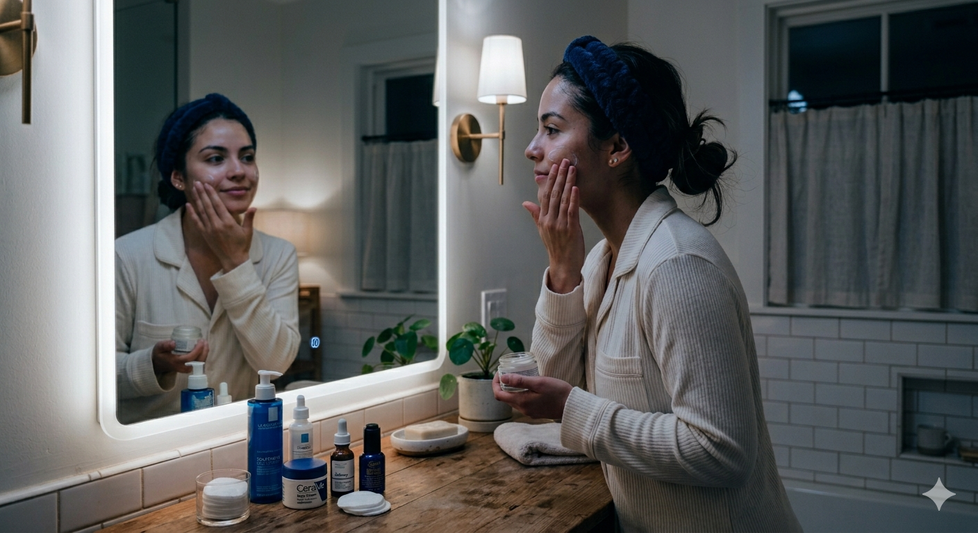 Rutina de noche Mujer aplicando productos basicos de skincare de noche en baño con espejo, y productos alrededor.