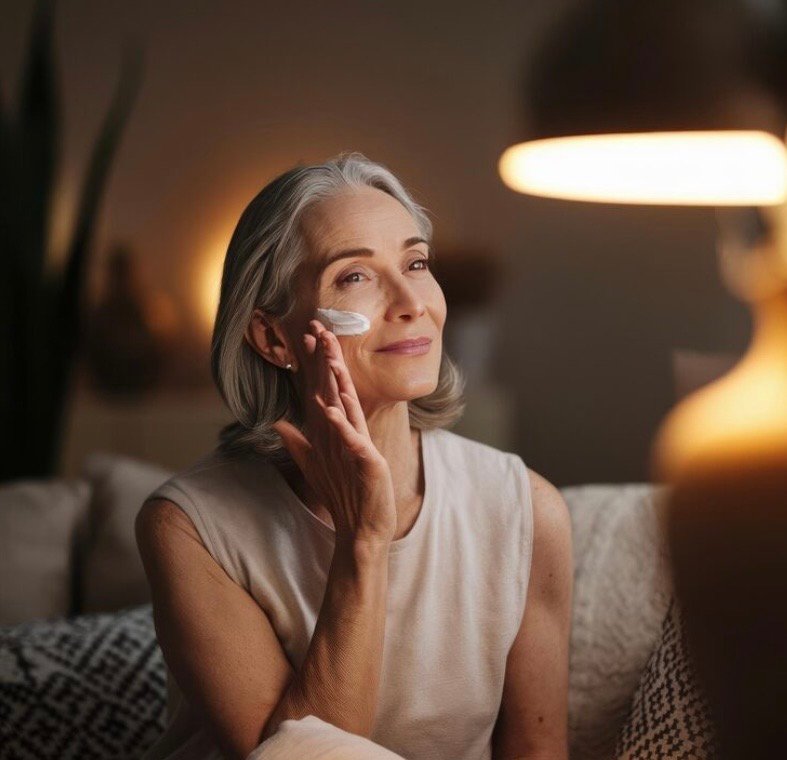 Rutina de noche Mujer adulta aplicándose la crema facial en casa sentada en un sillón con iluminación cálida durante su noche de skincare.