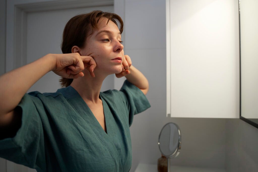 Rutina de noche Mujer joven con blusa verde realizándose un masaje facial con las manos frente al espejo de un baño de paredes claras y luz tenue.