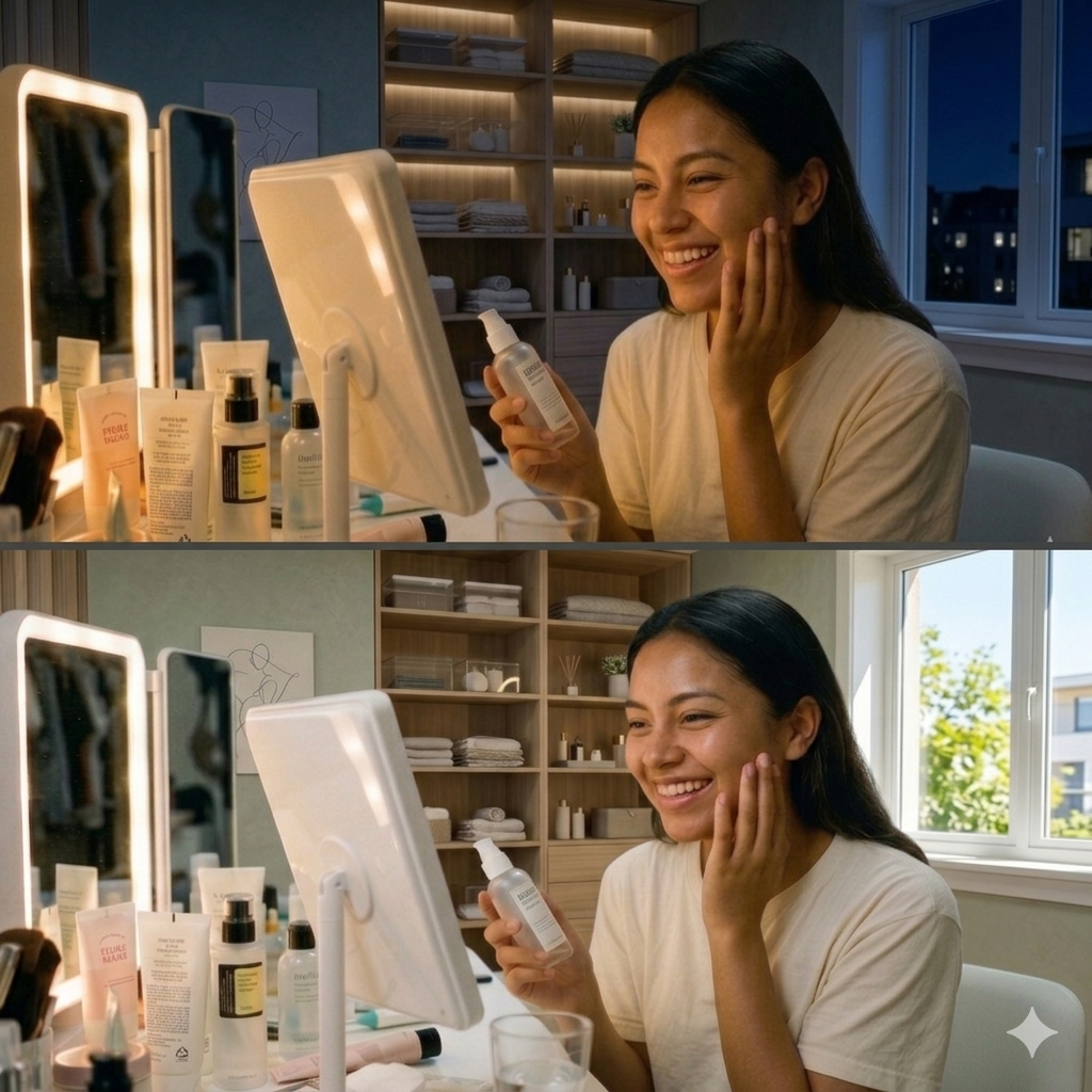 Rutina de noche Mujer realizando rutina de skincare nocturno frente al espejo con productos faciales organizados en tocador iluminado.