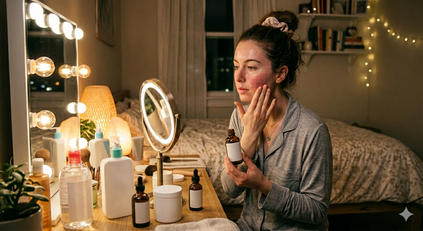 Rutina de noche Mujer aplicandose serum en el rostro sentada frente a un tocador con espejo iluminado, rodeada de productos de skincare nocturno y luces cálidas de ambiente nocturno.