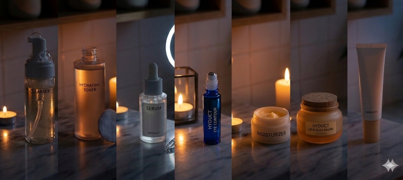Rutina de noche Repisa con productos de skincare nocturno y velas encendidas con iluminación cálida.