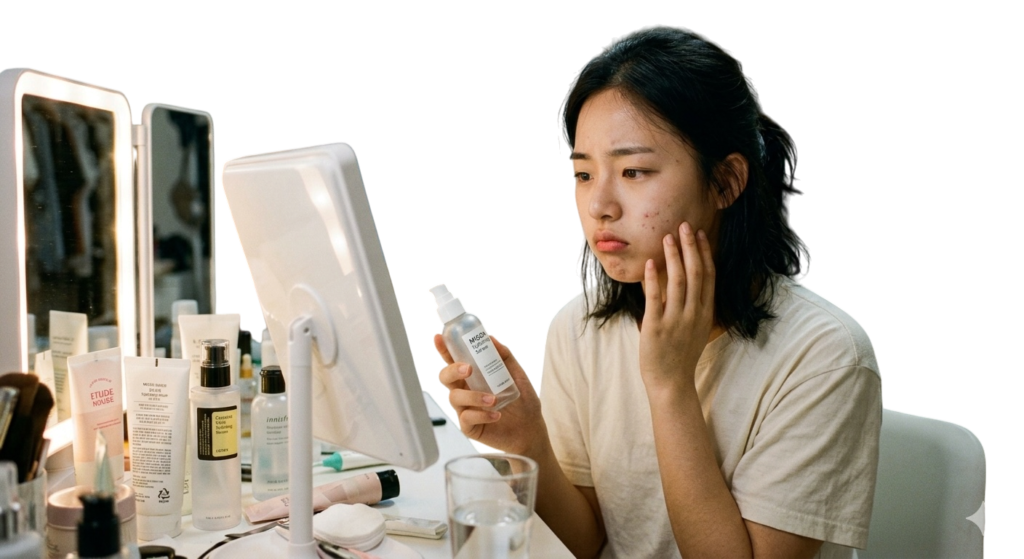 Rutina K-beauty Mujer aplicandose productos de skincare k-beauty frente al espejo con gesto de decepción, con varios productos y espejos con buena iluminación.